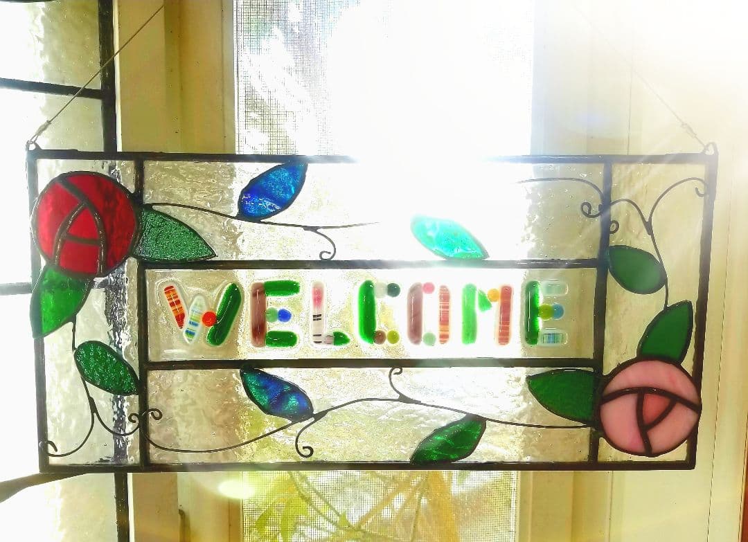 ステンドグラス　ローズモチーフのウェルカムボード(スタンド付き)