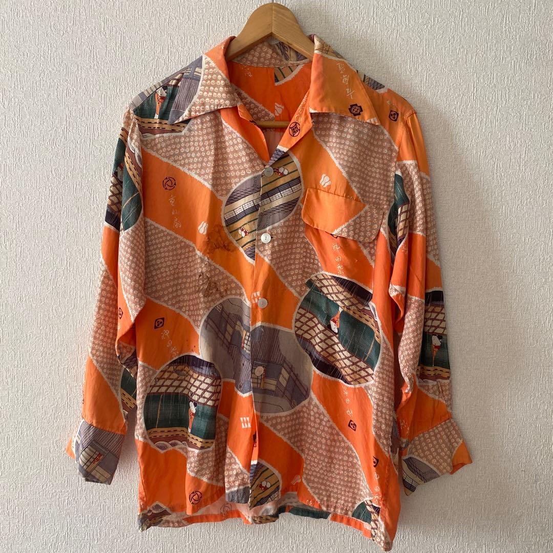 40's ビンテージ ロングスリーブ ハワイアンシャツ 和柄