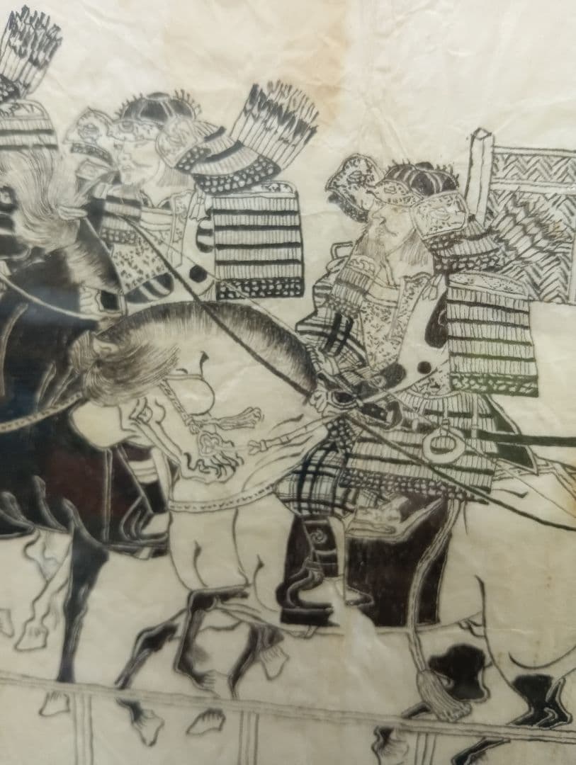 江戸時代後期幕末頃武家旧家蔵出馬上武者絵図古文書資料横幅４４Ｘ縦３２センチ額装品