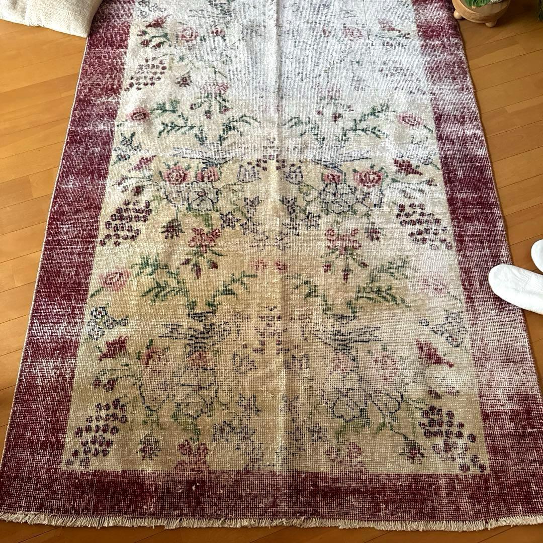 111×207 擦れシャビー　幸せな青い鳥　トルコヴィンテージラグ