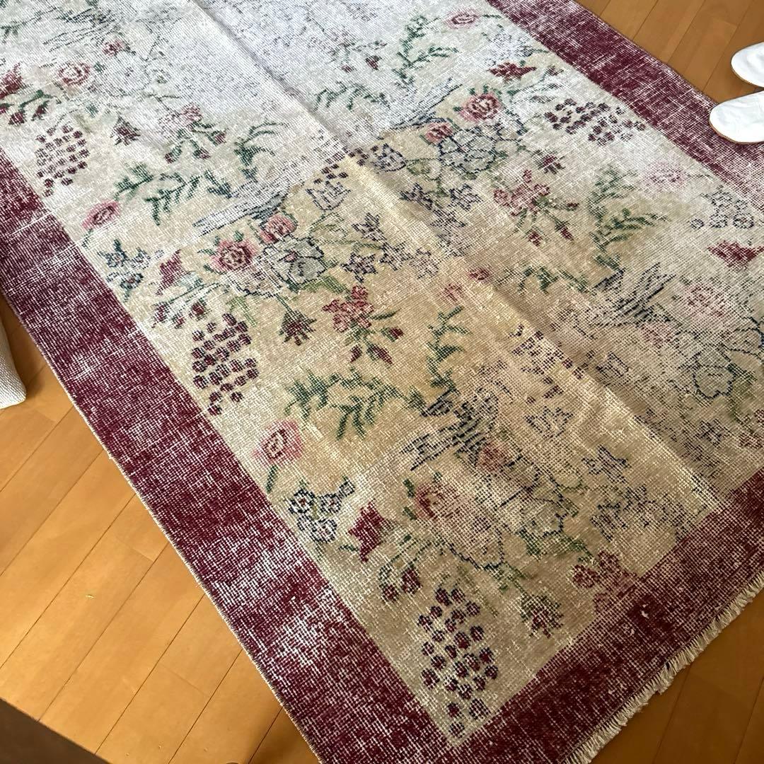 111×207 擦れシャビー　幸せな青い鳥　トルコヴィンテージラグ