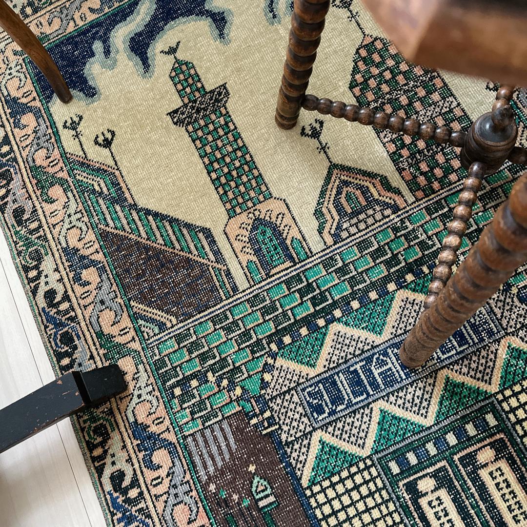 トルコ ヴィンテージラグ A1 レア イエロー グリーン ネイビー ピンク