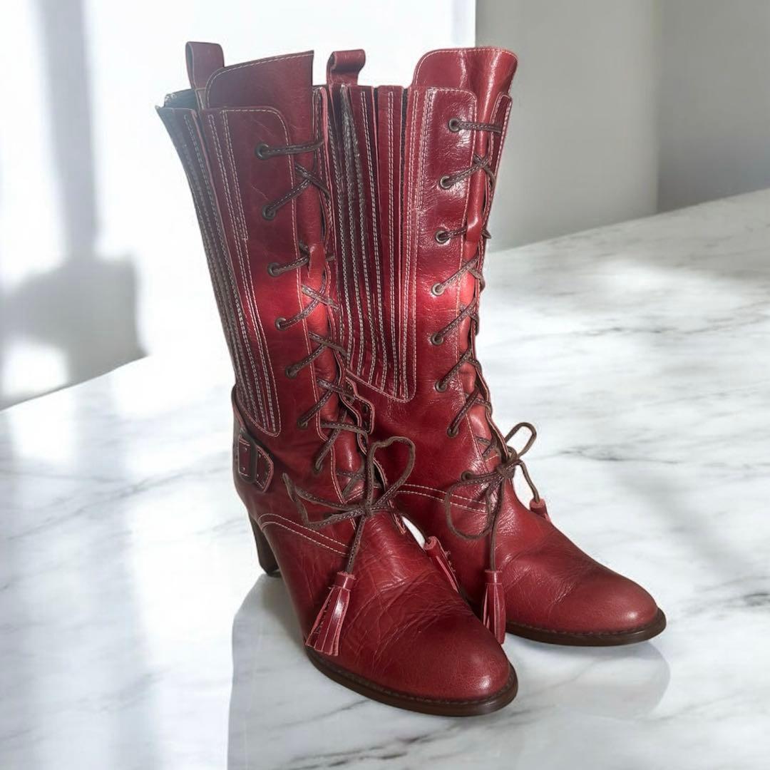 PISARO　ピサロ　本革レースアップロングブーツ　レッドピンク　編み上げ