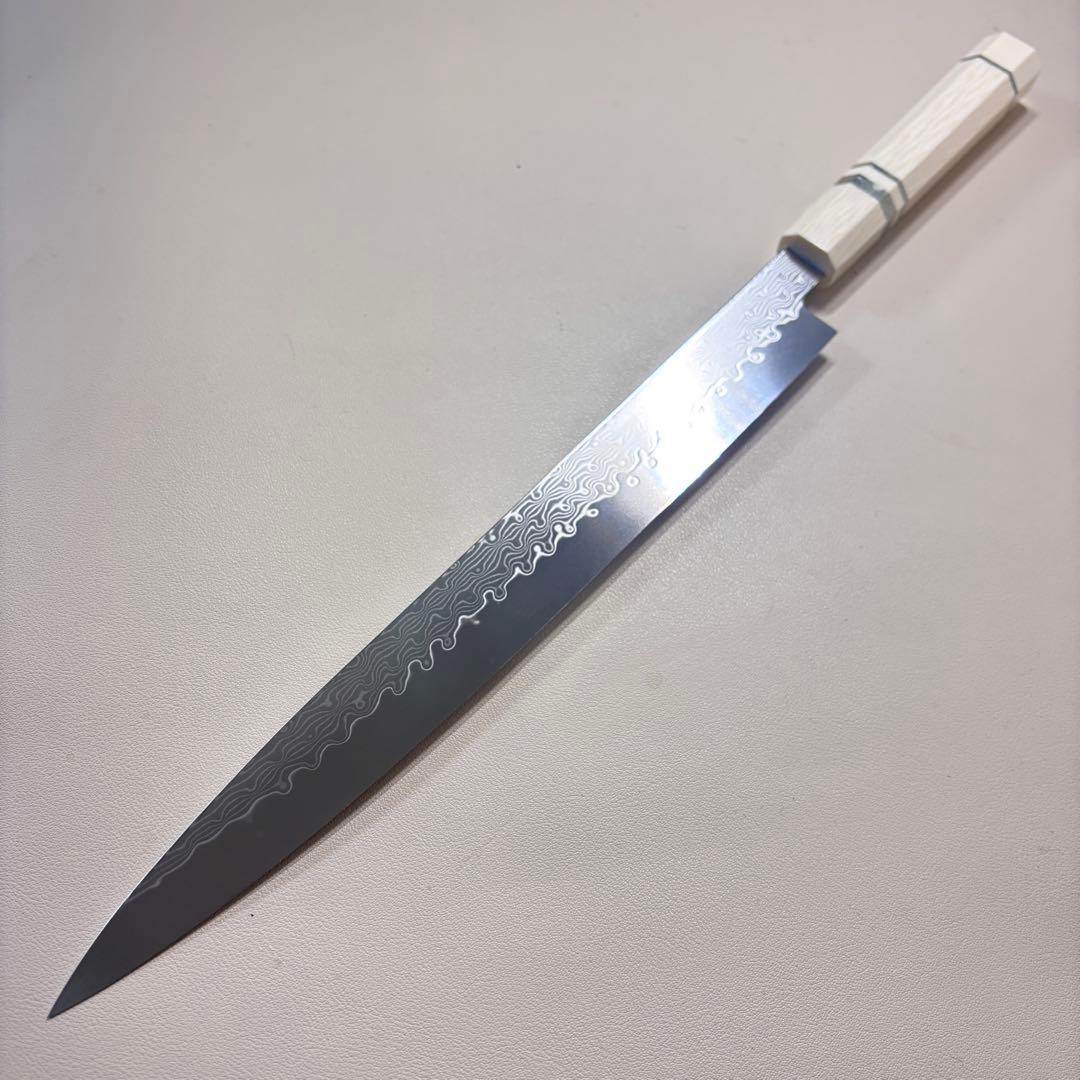 尺300mm 柳刃包丁 墨流しダマスカス　人工象牙八角柄 和包丁 白~