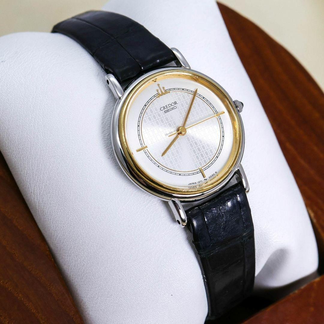稼働 SEIKO CREDOR 腕時計 18Kベゼル 新品電池 レザー 577