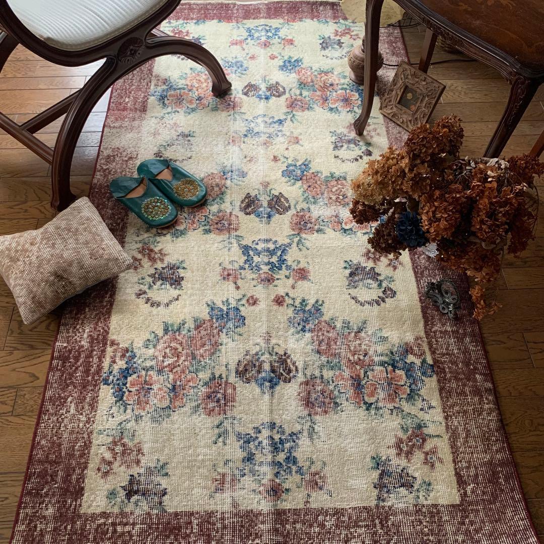 バーガンディ　トルコヴィンテージラグ　210×109 ボタニカル　 オーバーダイ