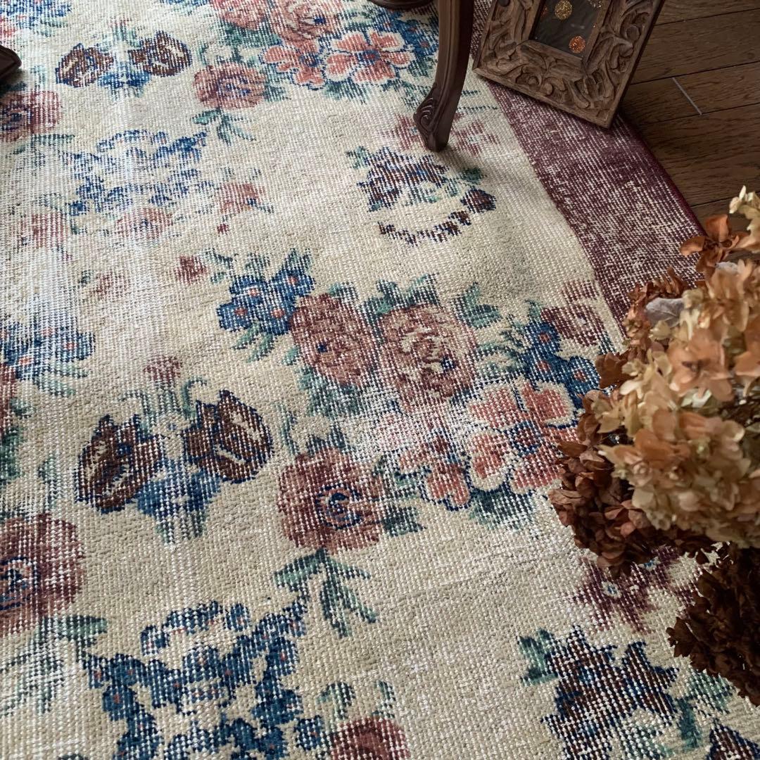バーガンディ　トルコヴィンテージラグ　210×109 ボタニカル　 オーバーダイ