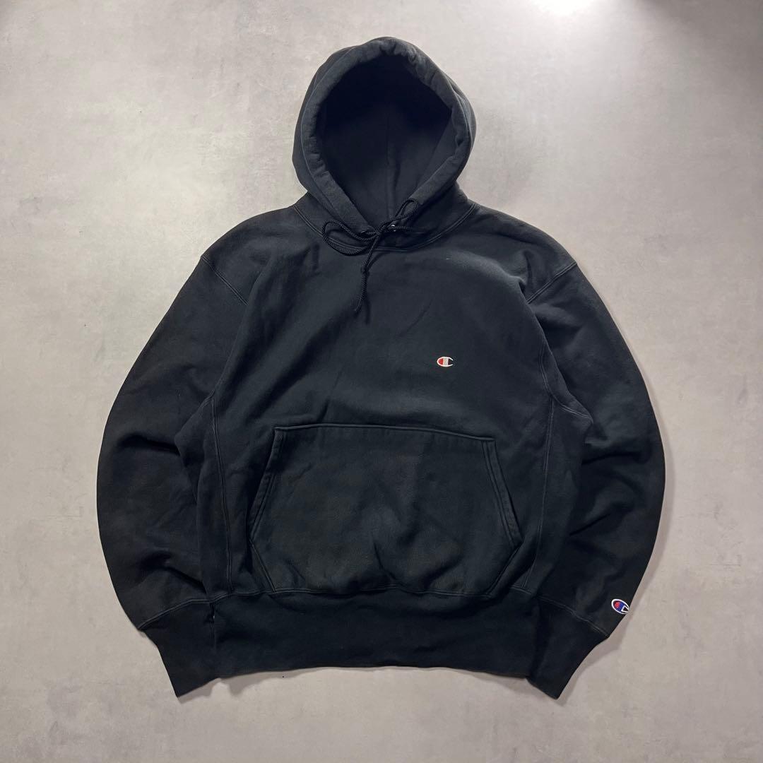 ◎90s Champion reverse weave パーカー 黒 刺繍タグ