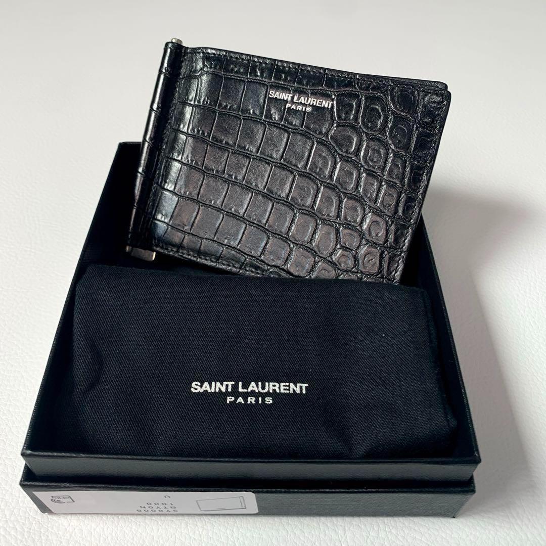 【未使用級】サンローラン マネークリップ 二つ折り財布 クロコ型押し ブラック