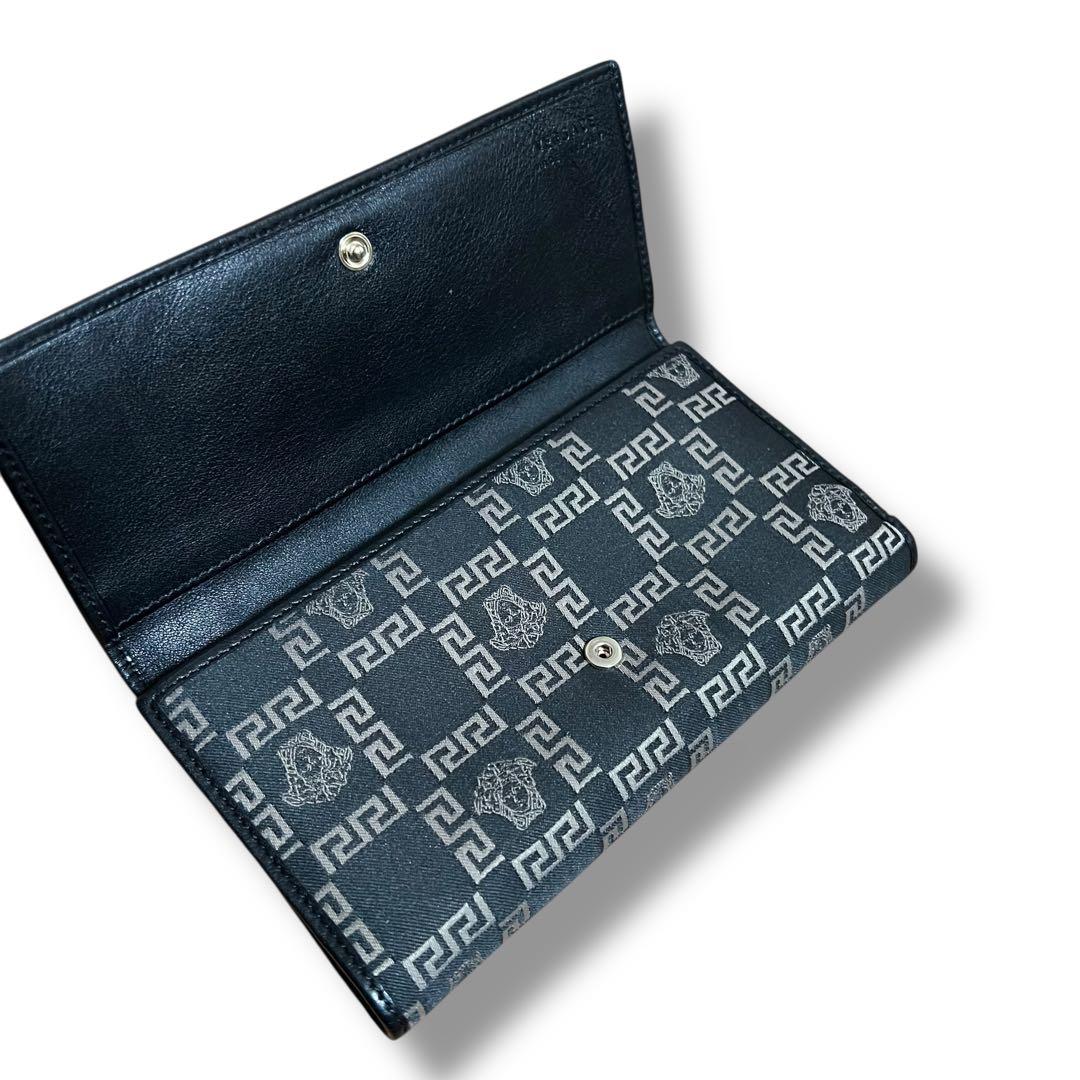 美品 VERSACE 長財布 キャンバス レザー ブラック グレカ メデューサ