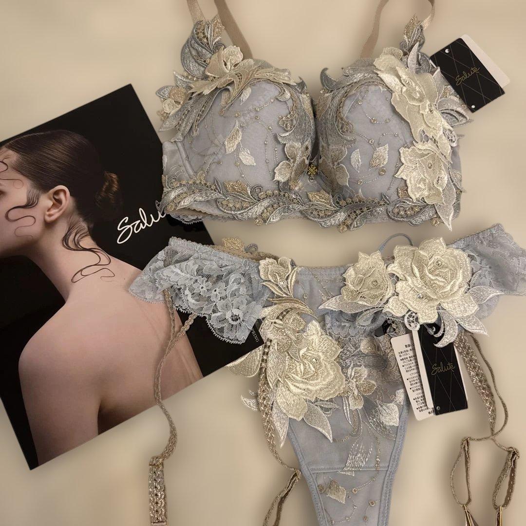 刺繍 ブラジャーショーツガーターベルト3点セットGYサルート 受注生産 24g