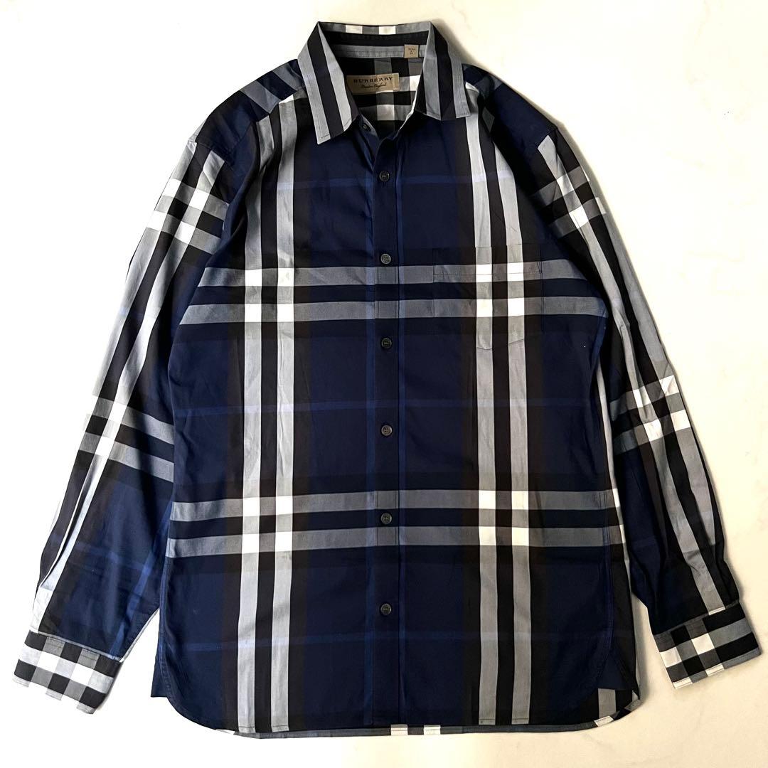 バーバリーロンドンイングランド メガチェック 長袖シャツ ブルー 青 大きめ