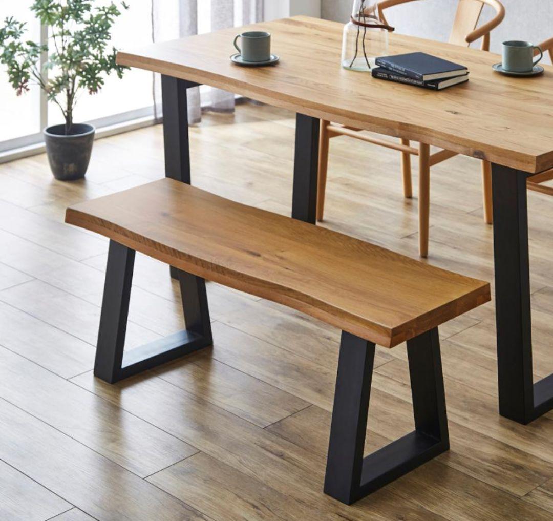 レザークッションおまけ付き　天然木　ダイニングベンチ　一枚板風　オーク　無垢材