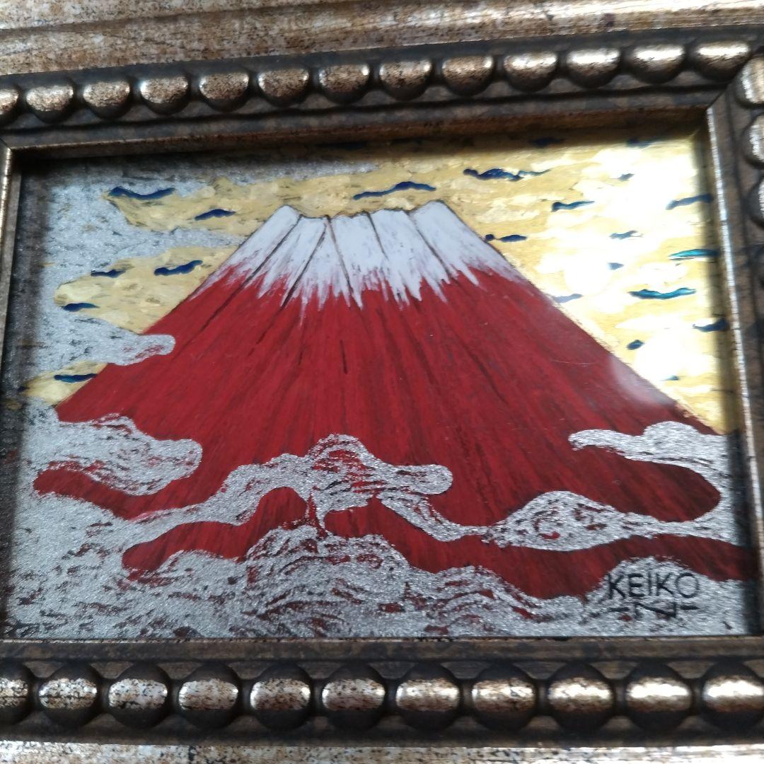 KEIKO 赤富士山 油彩画 金色フレーム