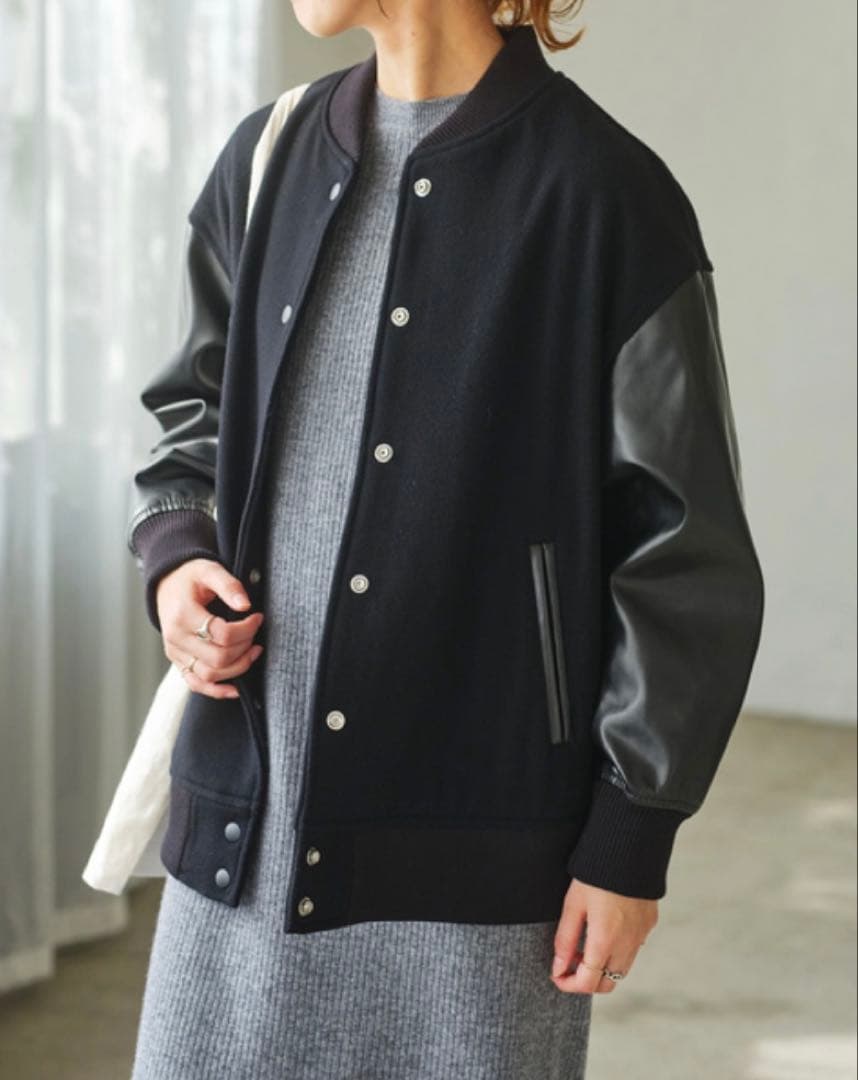 Spick &span ブラック スタジャン ウール・合成皮革