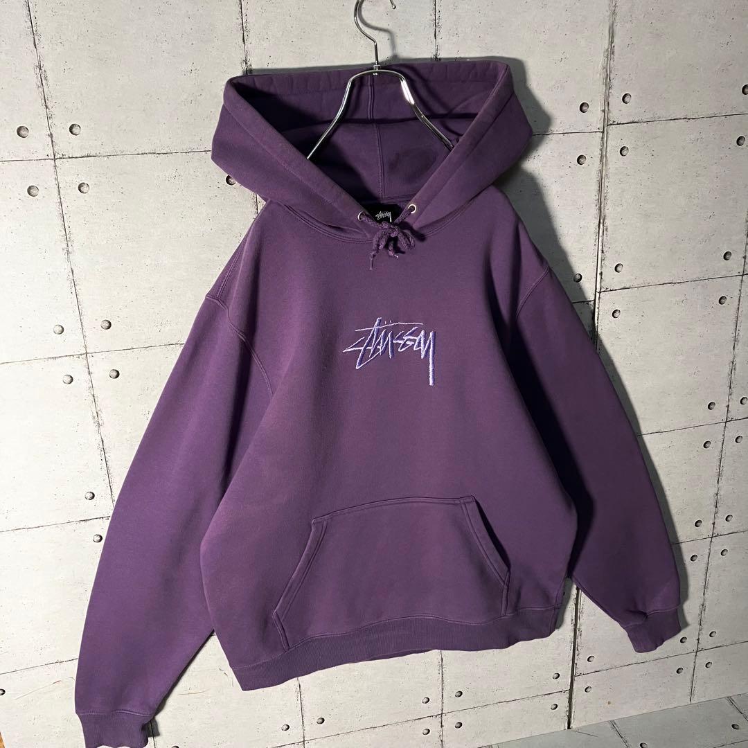 【鬼レア】ステューシー☆刺繍センターロゴスウェットパーカーM人気パープル