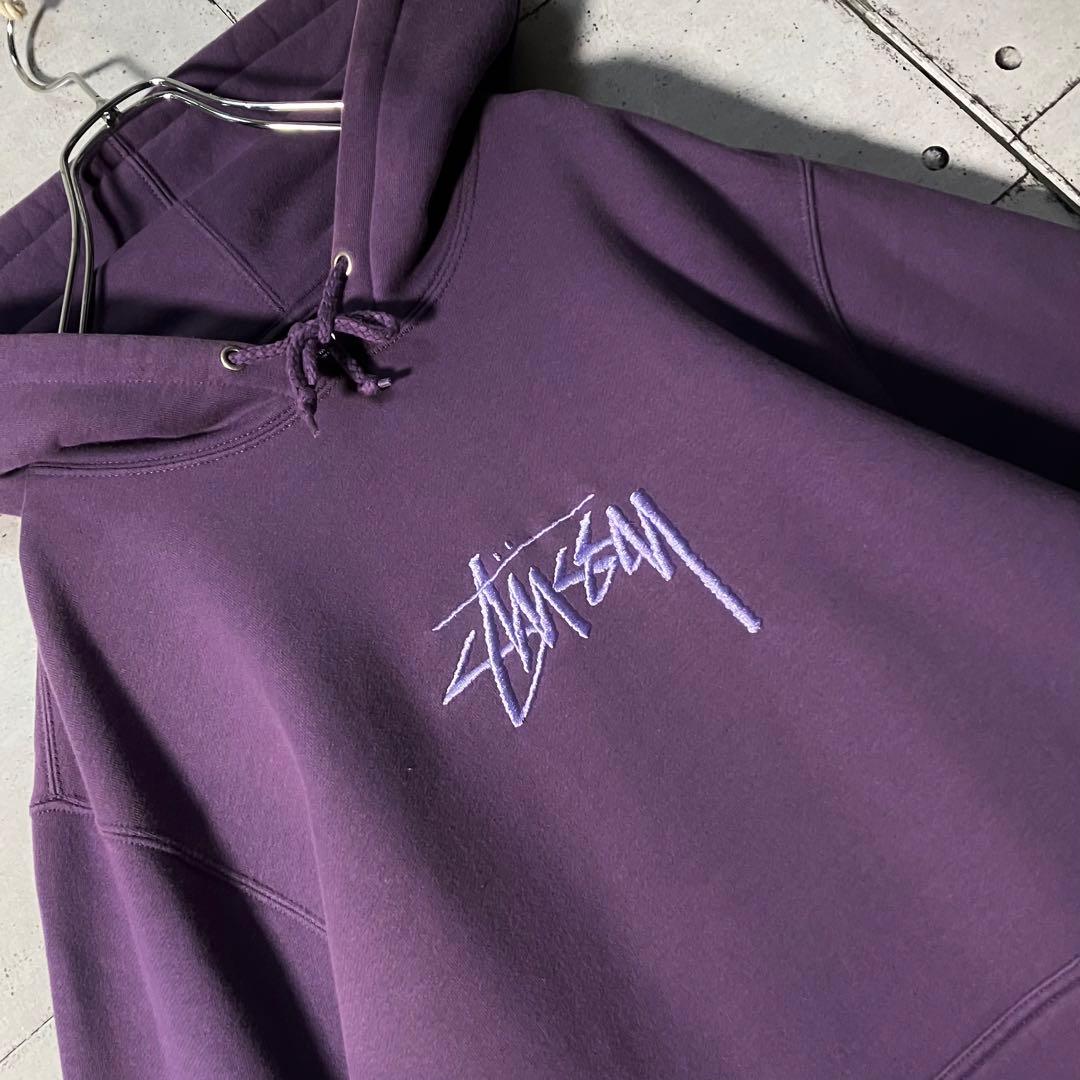 【鬼レア】ステューシー☆刺繍センターロゴスウェットパーカーM人気パープル