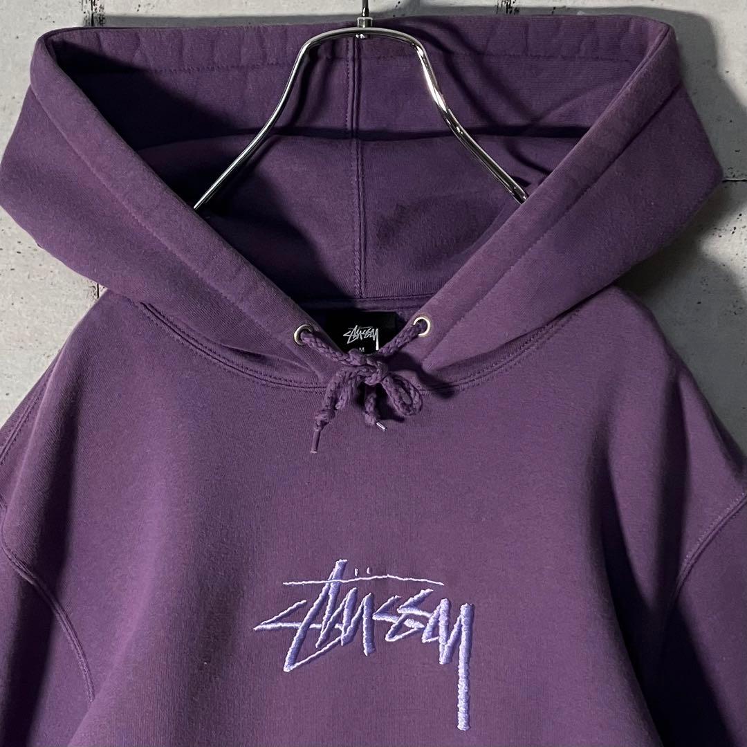 【鬼レア】ステューシー☆刺繍センターロゴスウェットパーカーM人気パープル