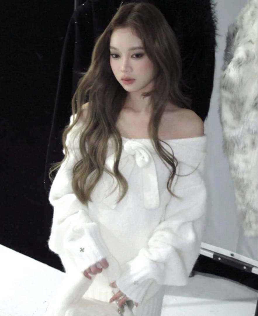 トップス andwang Ribbon Off-Shoulder Knit Set