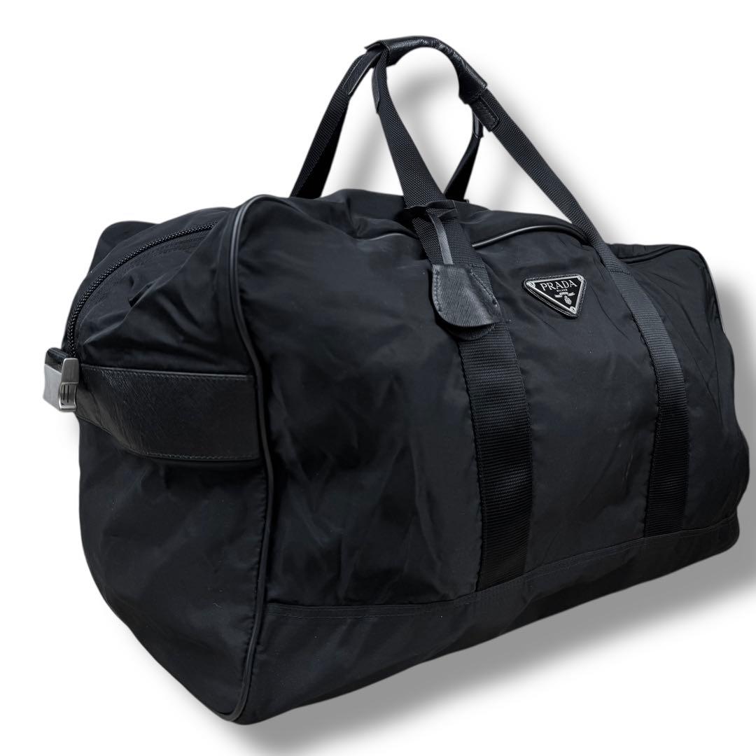 【美品】PRADA プラダ 大容量ボストンバッグ 三角ロゴ 南京錠 ナイロン 黒