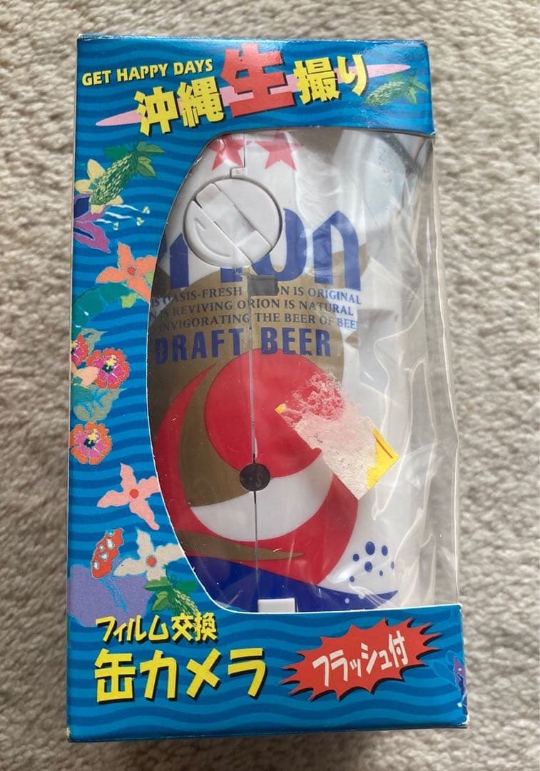 カメラ！　沖縄オリオンビール缶　フイルムフラッシュ付きカメラ