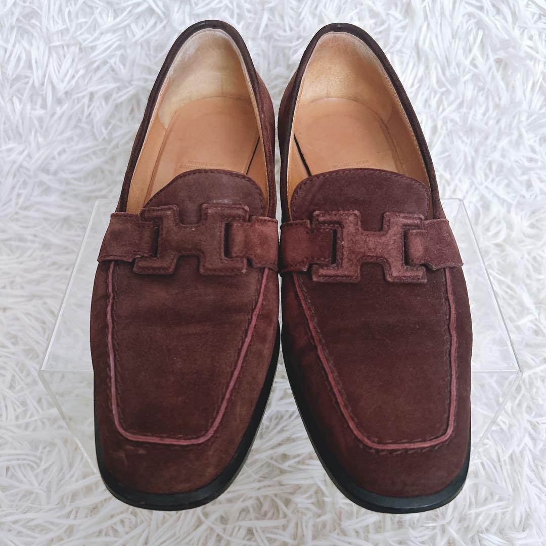 HERMES Hマーク スエード　革　ローファー　パンプス　ブラウン 35.5