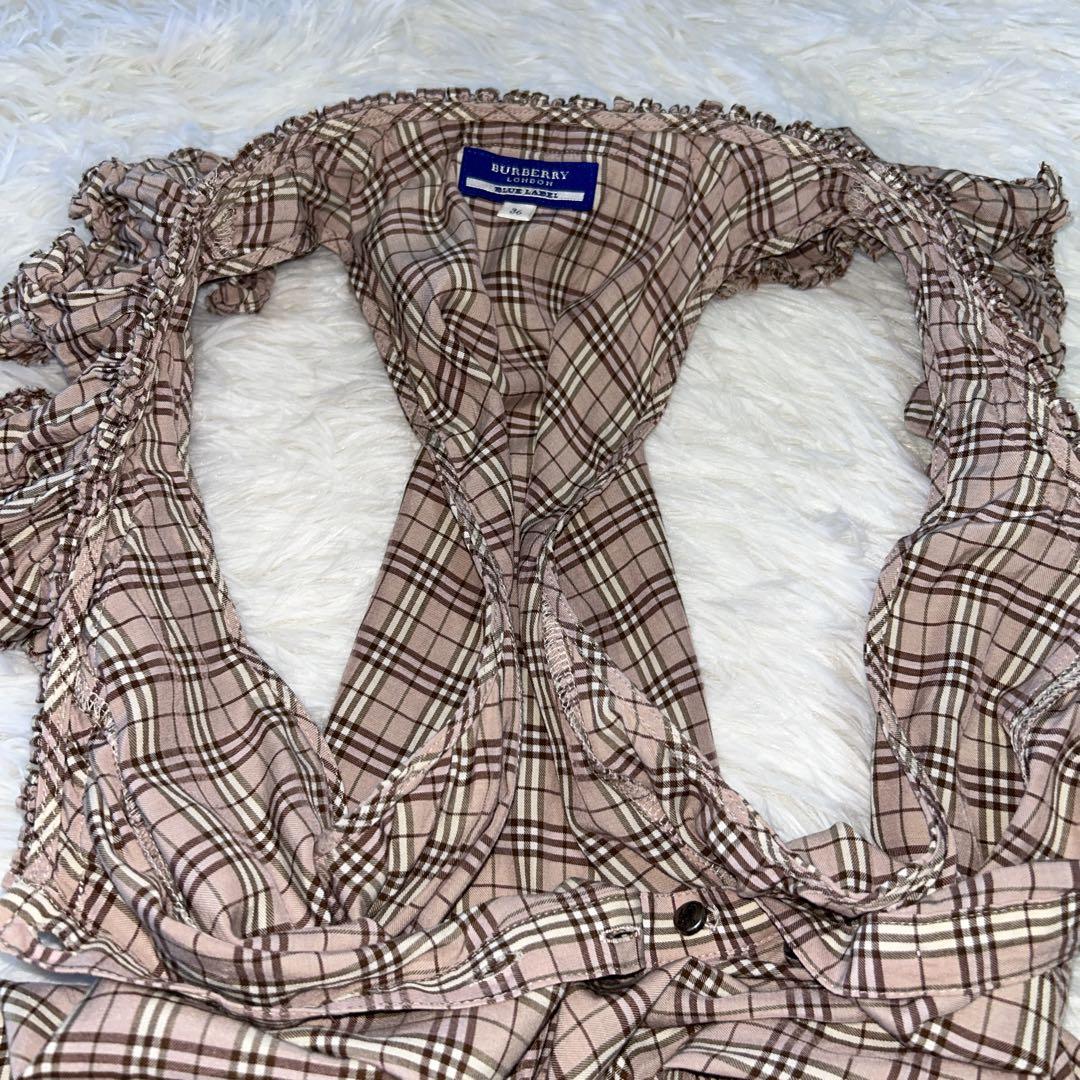 バーバリーブルーレーベル ノバチェック フリルチュニックワンピース 36 ピンク