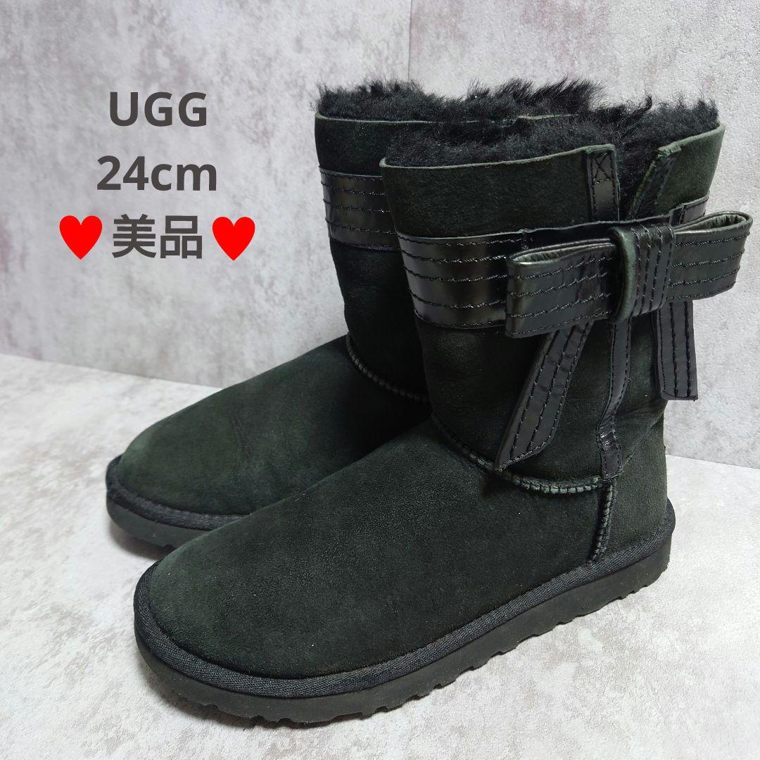 美品　UGG　ムートンブーツ　サイドリボン　ハワイ限定モデル　24cm 　黒