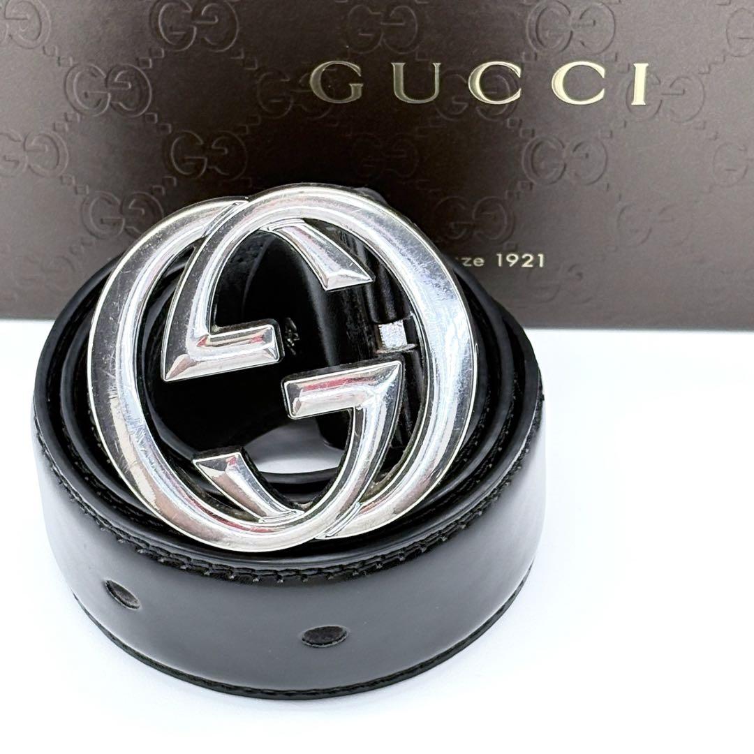 【美品】GUCCI　ベルト　インターロッキング　シルバー　ダブルG　ロゴベルト