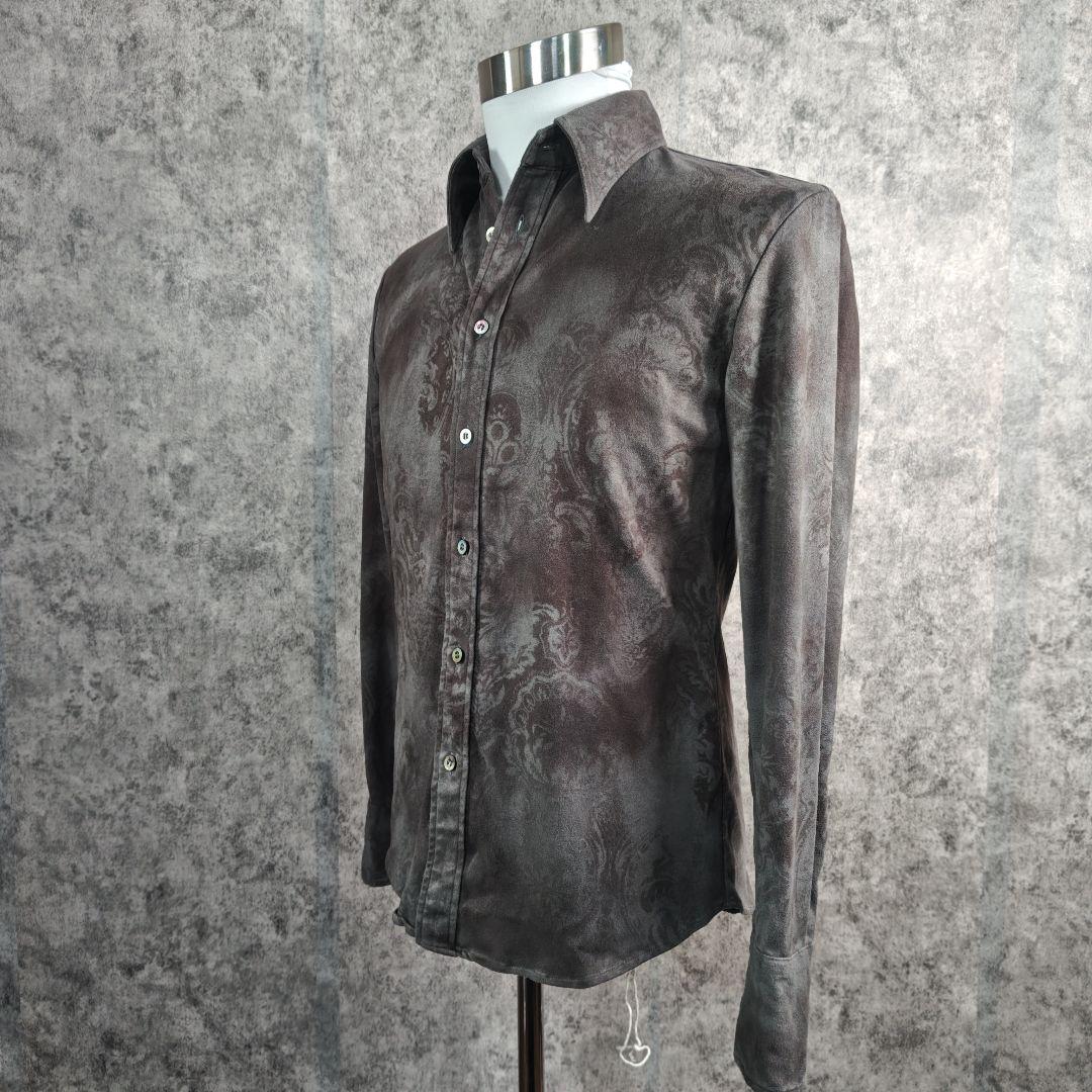 ​美品 シェラック 総柄 スエード調 ストレッチ シャツ グレー 46M 日本製