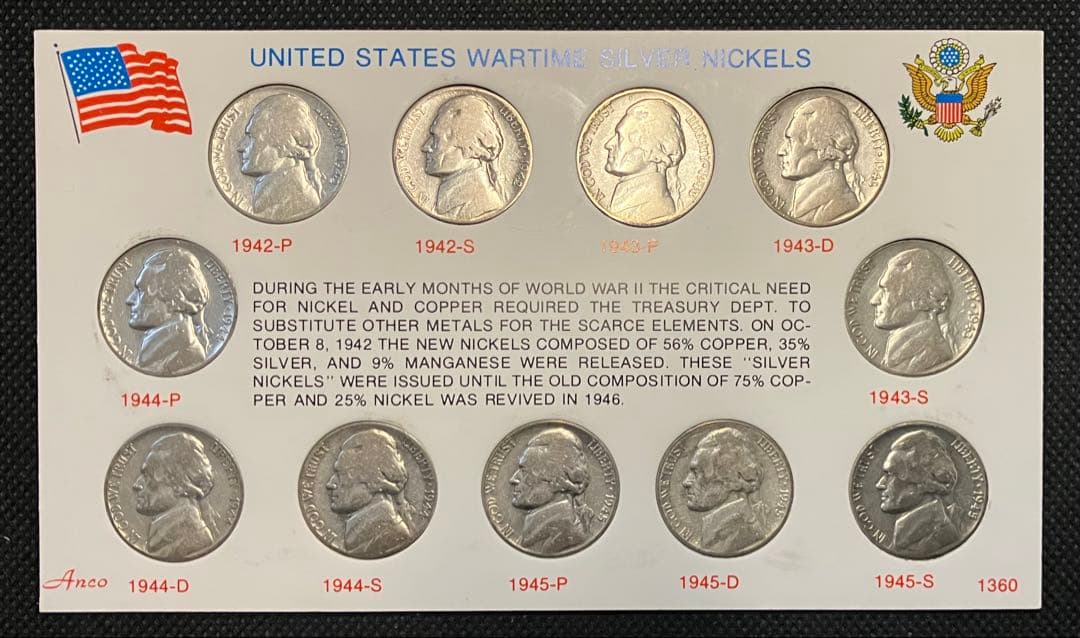 アメリカ 戦時中の銀ニッケルセット 1942-1945