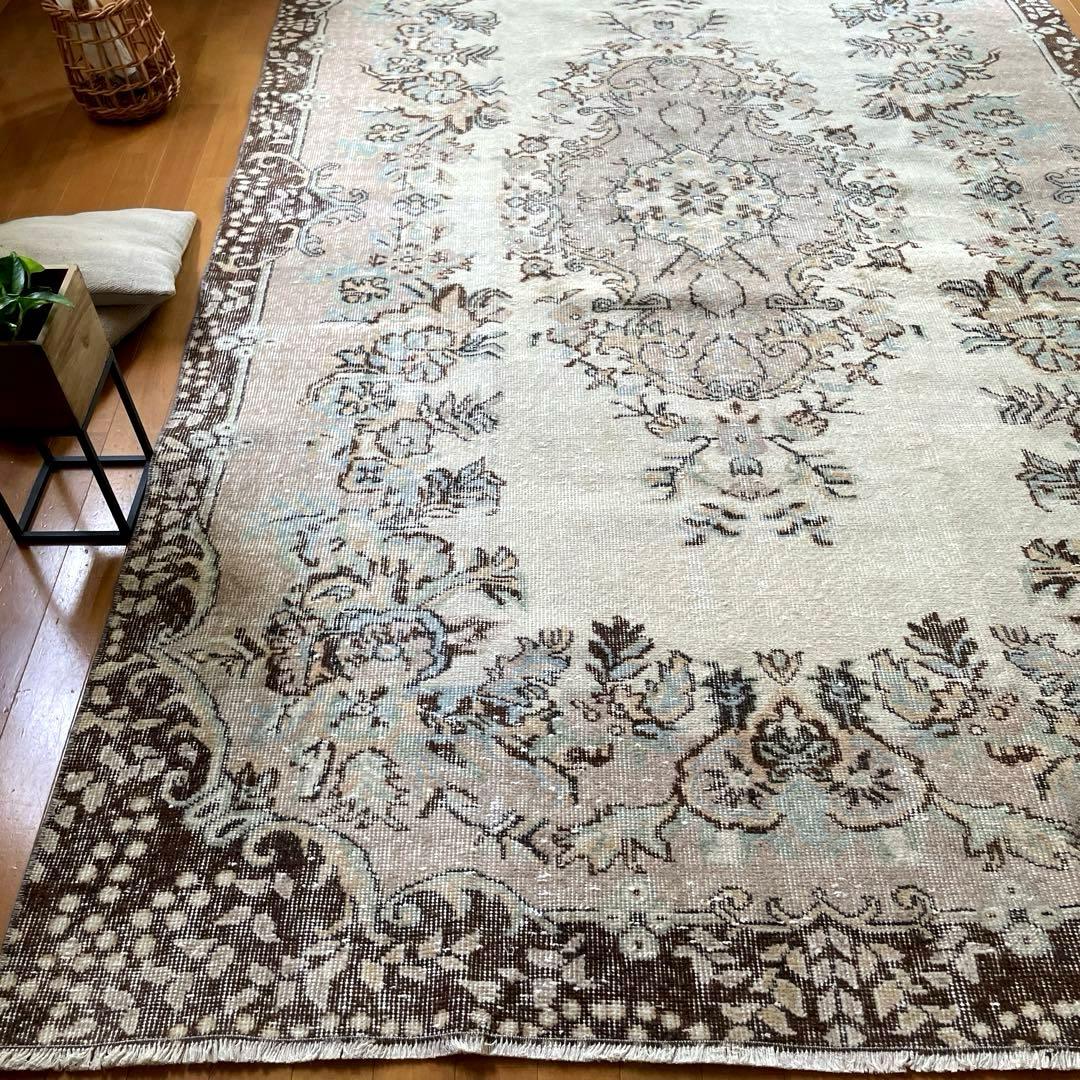 超大判170×292 フローラルメダリオン　グレージュ　トルコヴィンテージラグ