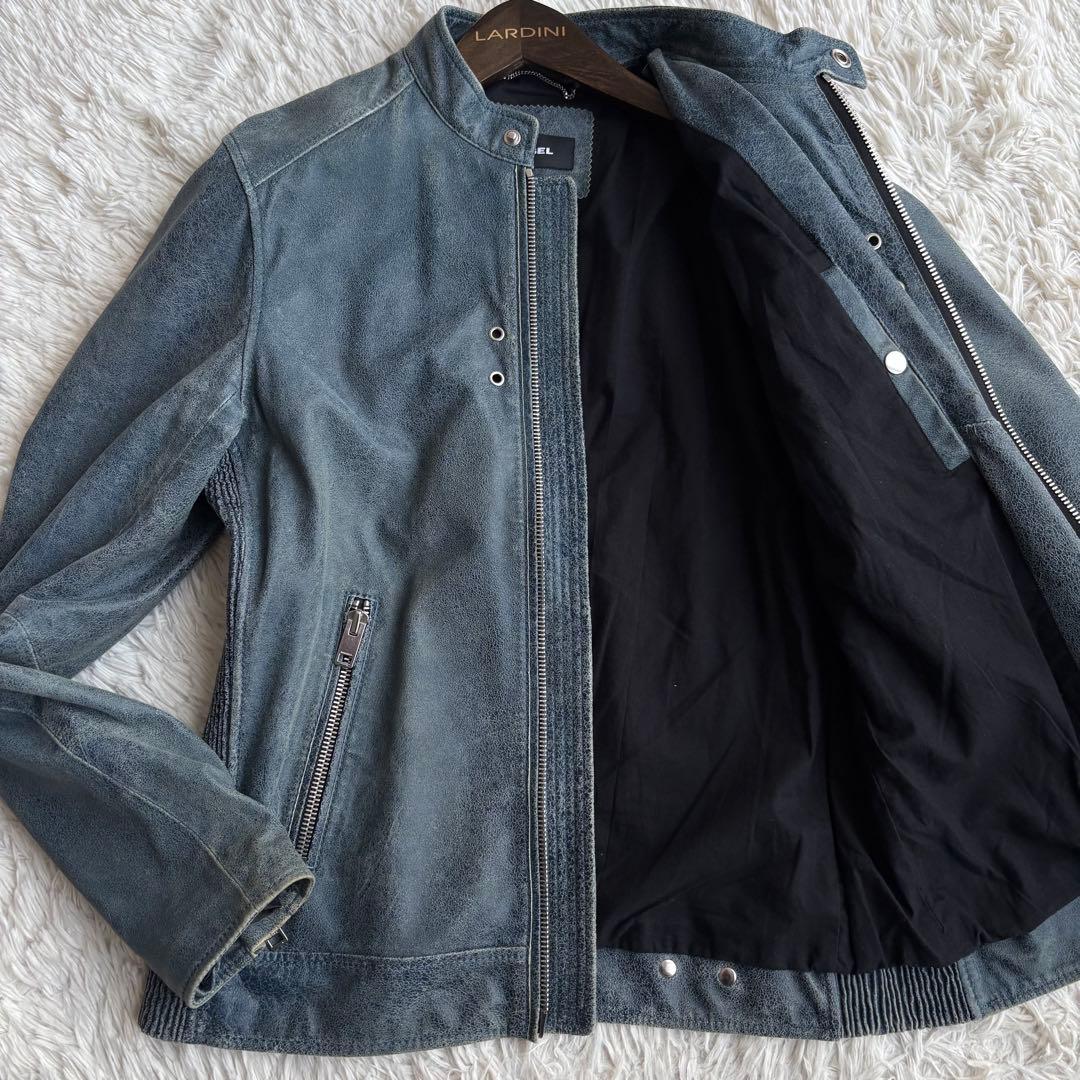 ディーゼル レザー ライダースジャケット シングル インディゴ ダメージ加工