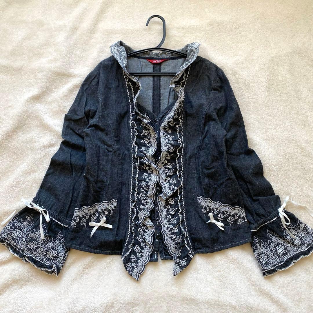 PINK HOUSE デニムトップス 重ね着風 フリル刺繍 リボン