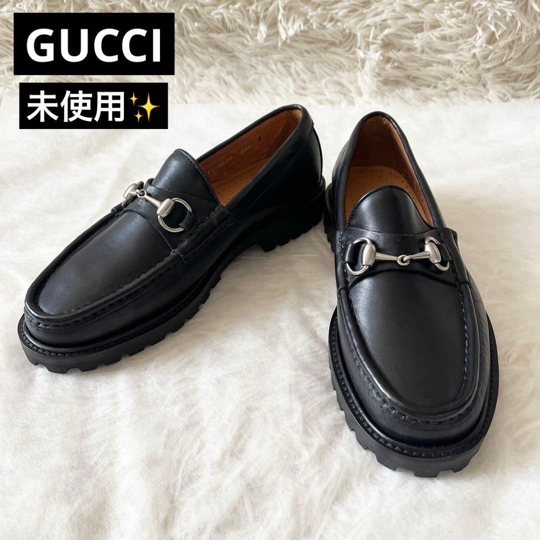 未使用✨GUCCIグッチ　ホースビットローファー　レザー　ブラック　厚底　黒