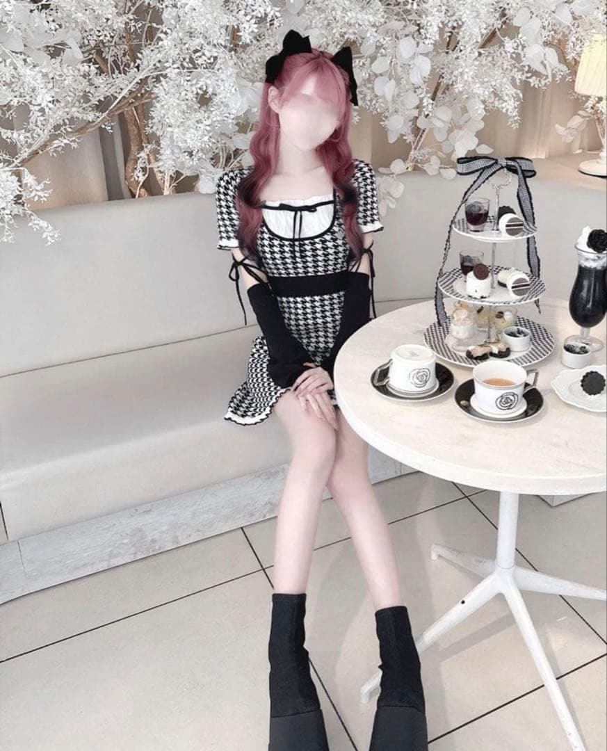 ハニーミュウ　アームカバー付きバックリボン千鳥ワンピース