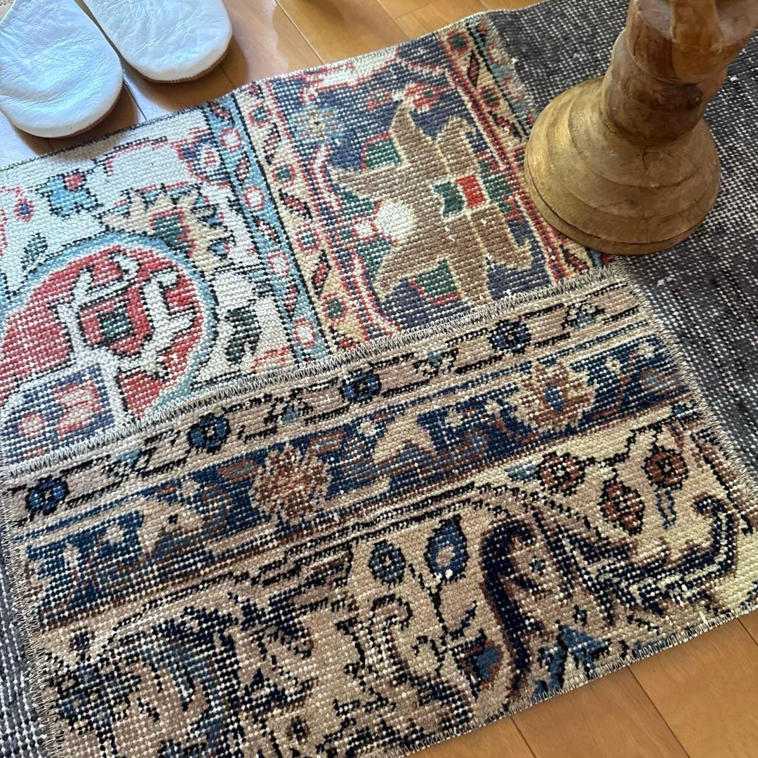 49×100 グレイ×ボタニカル　大人パッチワーク　トルコヴィンテージラグ