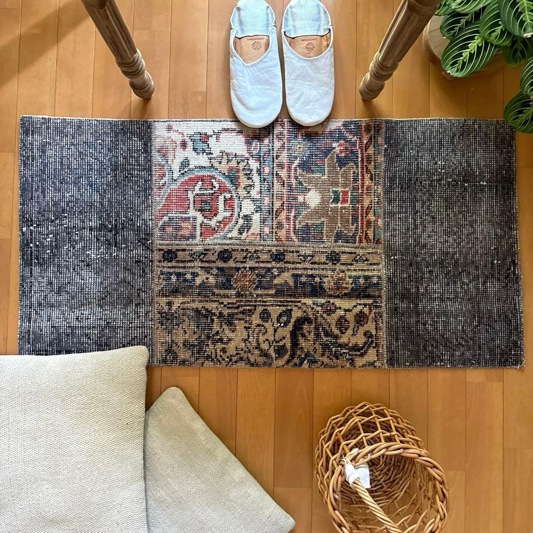 49×100 グレイ×ボタニカル　大人パッチワーク　トルコヴィンテージラグ