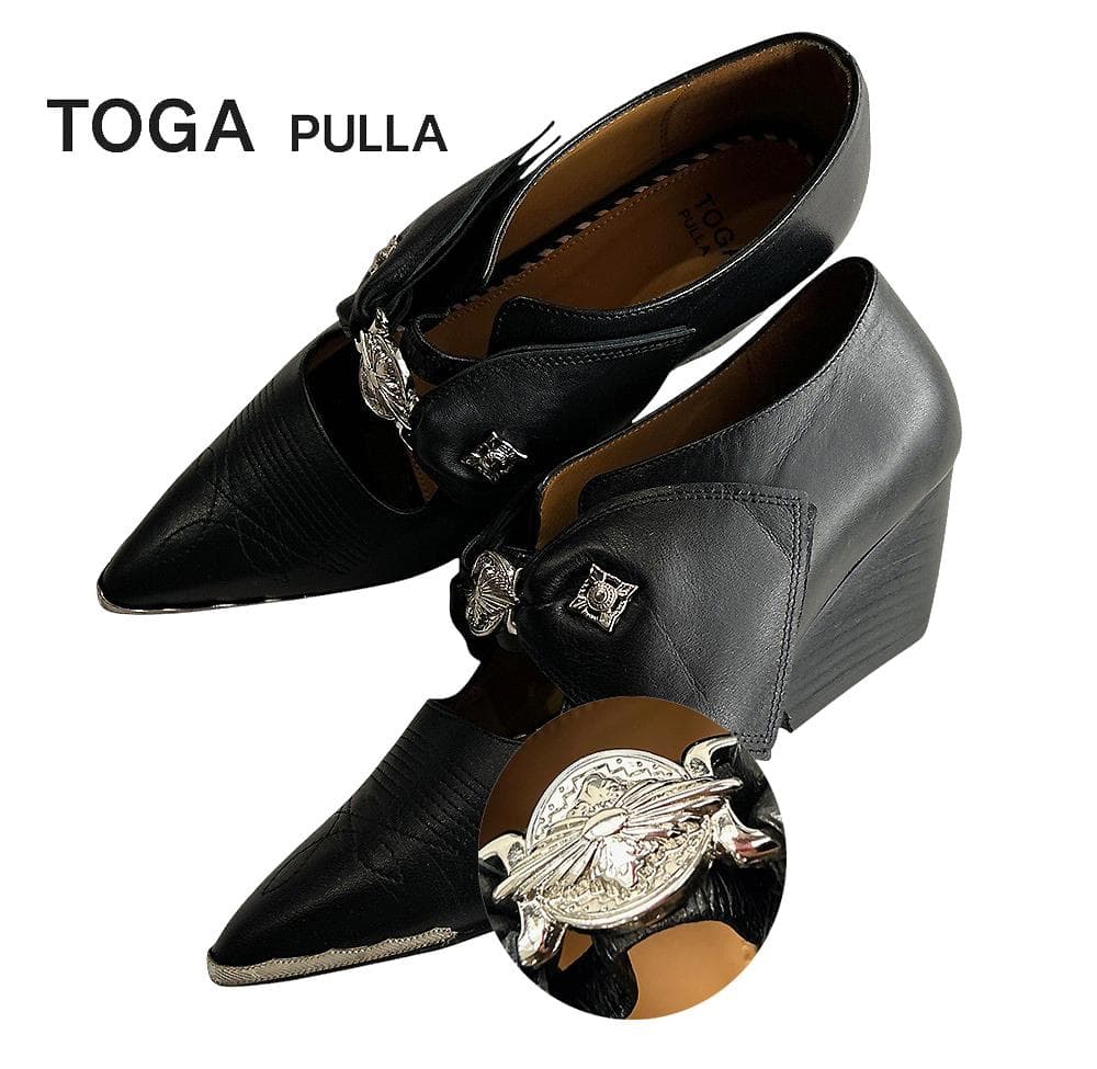 極美品トーガプルラ 本革レザー ポインテッドトゥ ウエッジソールパンプス黒37