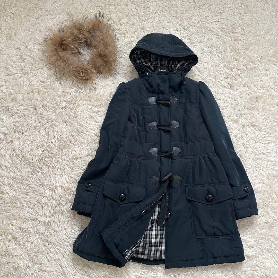 バーバリー 2way ラクーンファー　ノバチェック　中綿ダッフルコート 紺 M