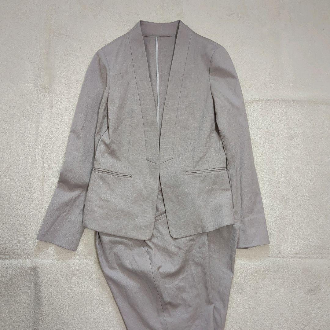 グリーンレーベルリラクシング ノーカラー パンツスーツ セットアップ グレージュ