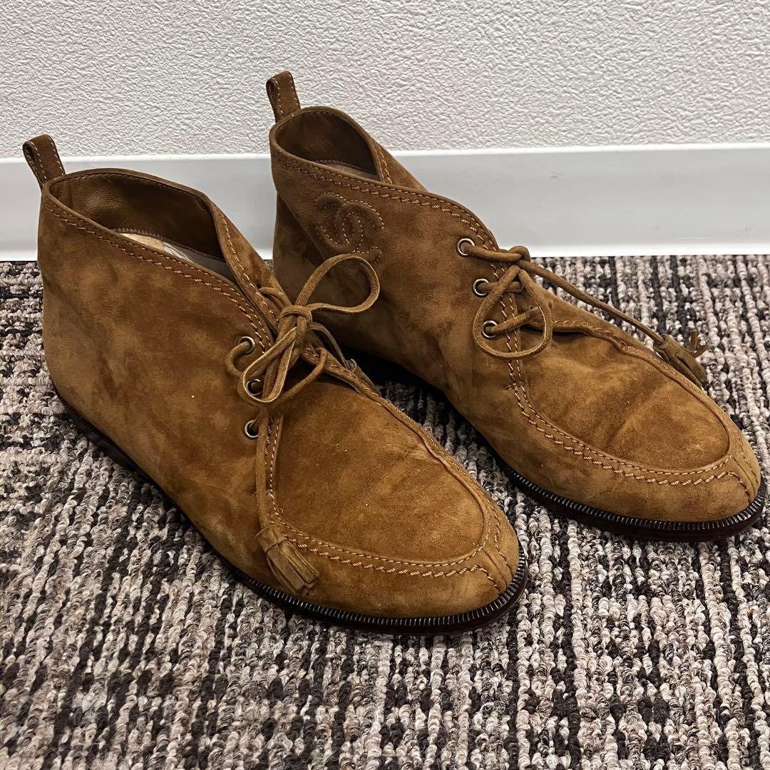 CHANEL シャネル レースアップ スエード ショートブーツ 35 ロゴ刻印