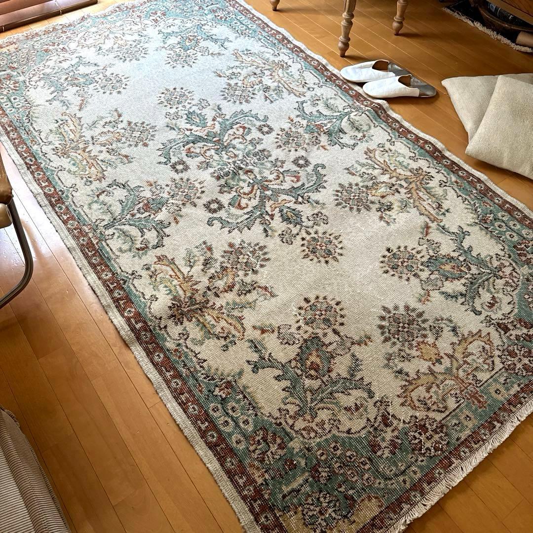 117×214 エメラルドグリーン　メダリオンボタニカル　トルコヴィンテージラグ