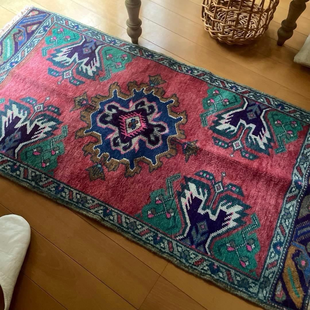 51×101 コーラルピンク　レアなウール　メダリオン　トルコヴィンテージラグ