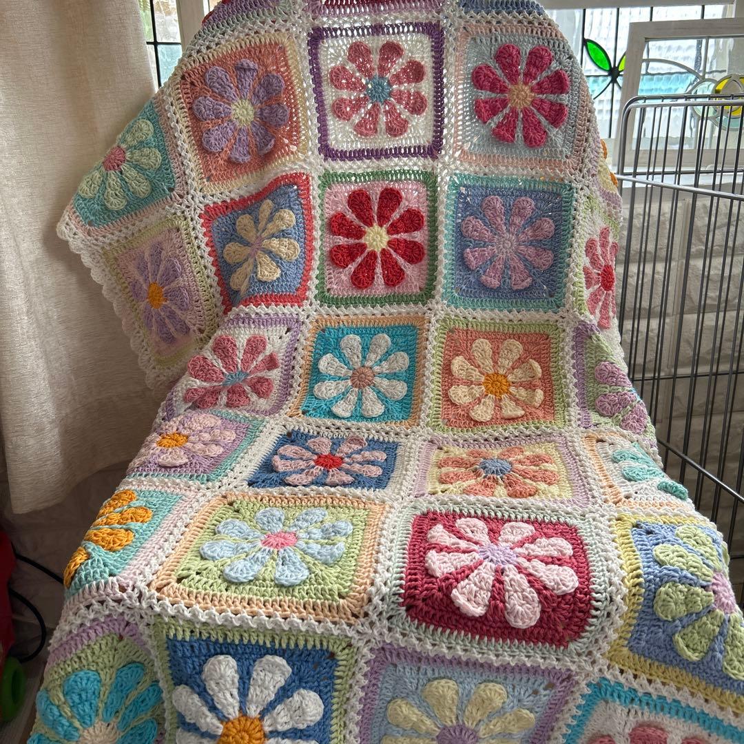 お花のモチーフ編み マルチカバー ブランケット コットン デイジー カラフル