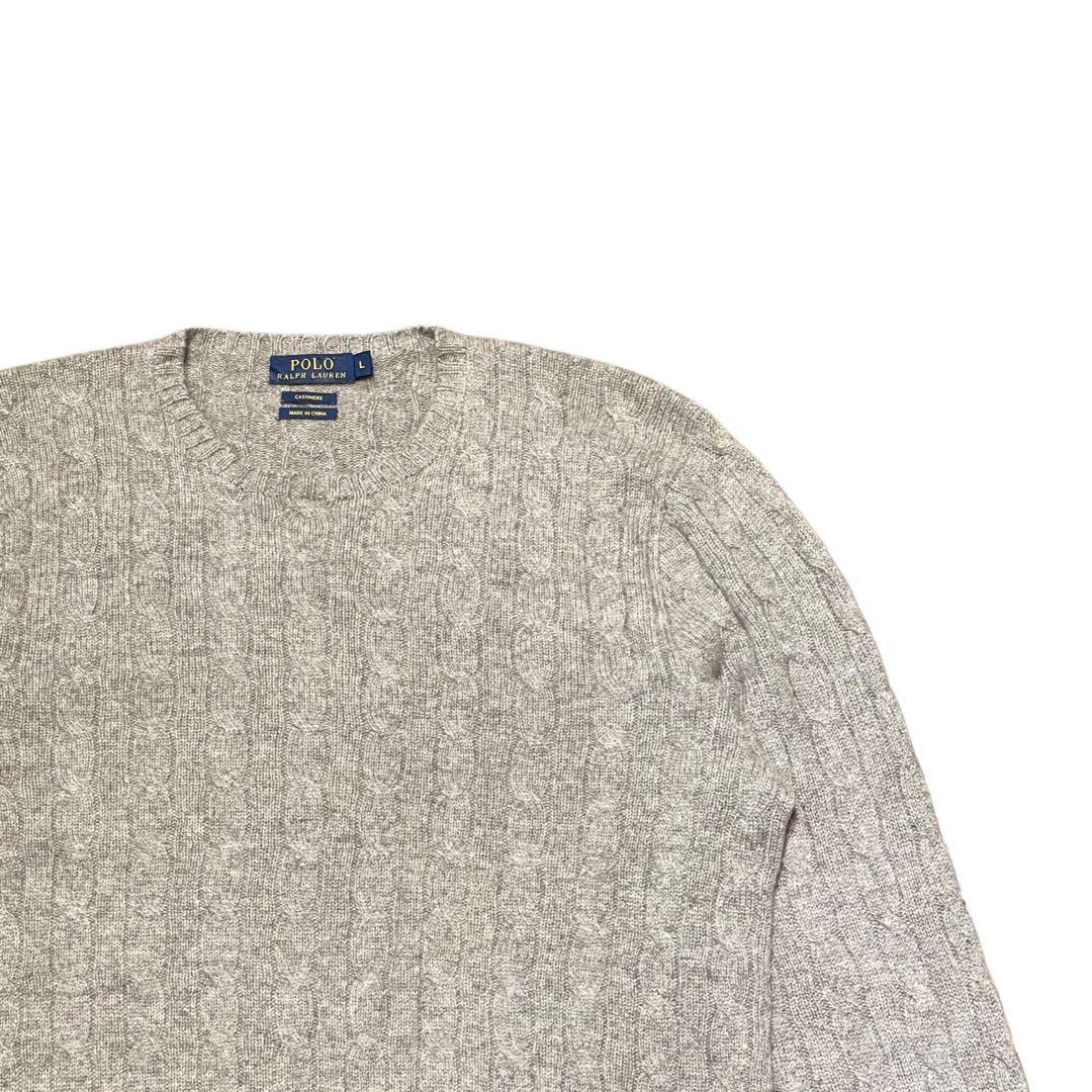 【L】ポロ・ラルフローレン カシミア 100% セーター ケーブルニット グレー
