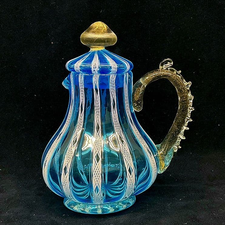 Murano ムラノ 金彩 蓋付き 水色 レース 水差し ピッチャー
