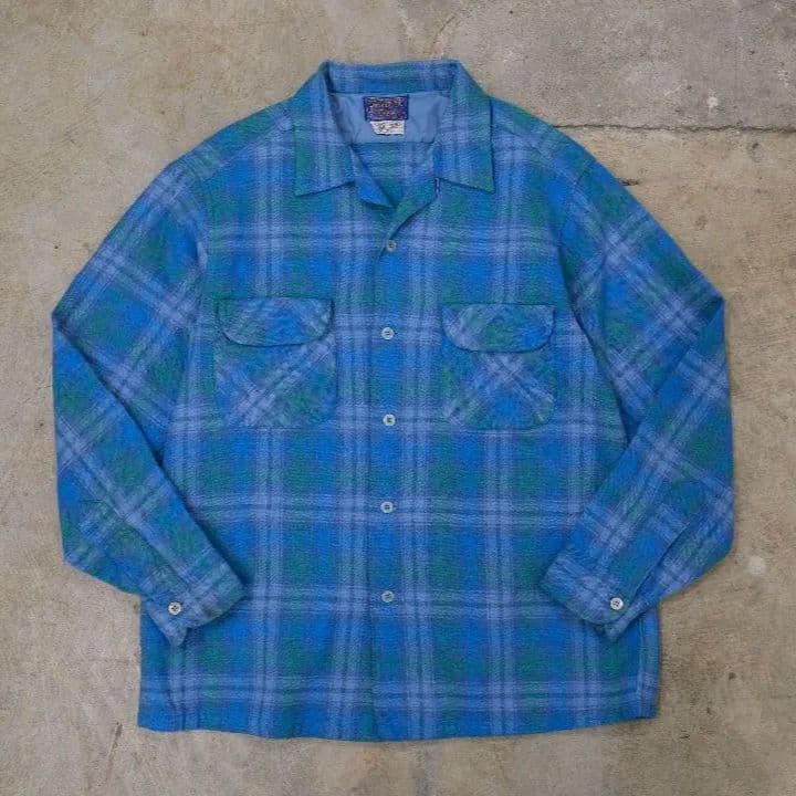 50s Pendleton ターコイズ チェック柄 長袖シャツ L size