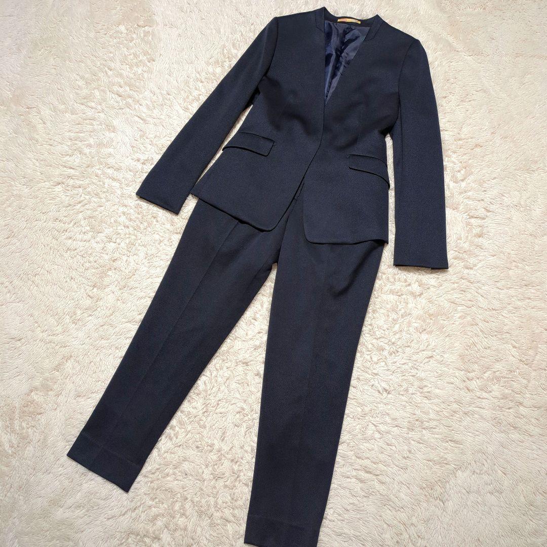極美品！ORIHICA　ノーカラーパンツスーツセットアップ　M/L　濃紺　洗える