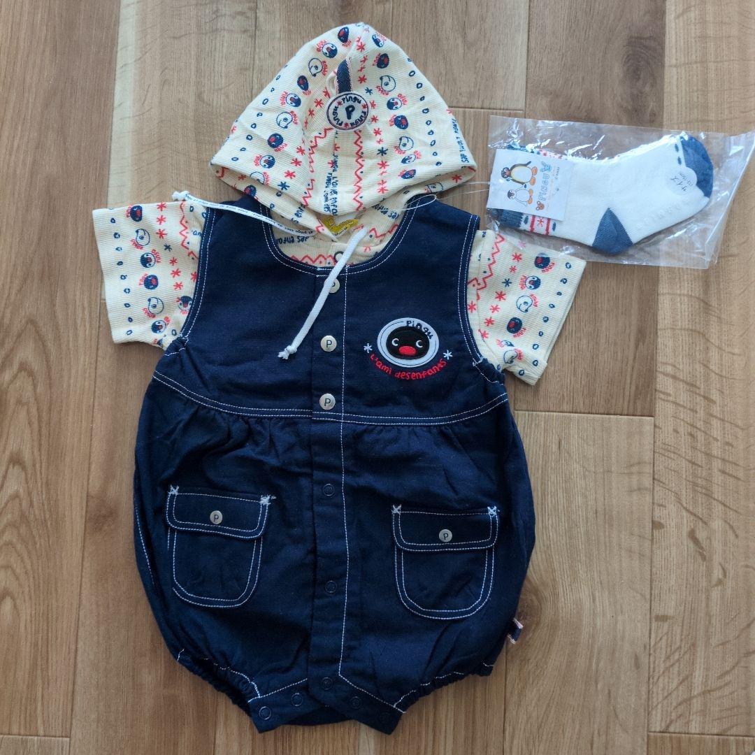 90サイズ　ピングー＆ピンガ ＆ロビフード付きシャツ・デニムカバーオール・靴下